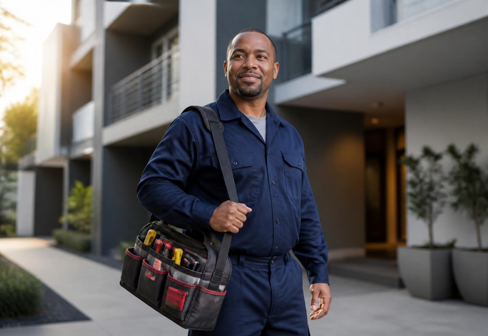 Professional maintenance contractor at a modern managed residential property